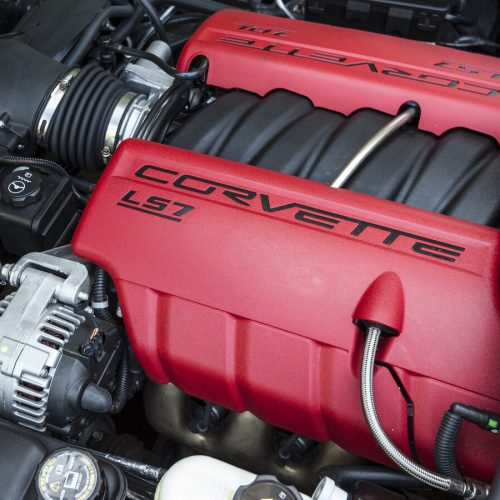 "Scottsdale, United States - April 17, 2012: A close up shot of the engine from a Corvette Z06, the Z06 is one of the fastest Corvettes made by chevrolet with over 500 horespower."